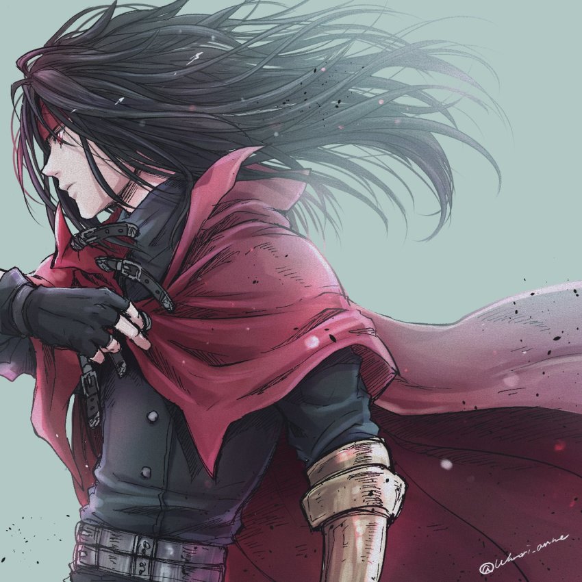 1boy black_hair cloak final_fantasy final_fantasy_vii gauntlets gloves headband highres long_hair looking_ahead messy_hair pale_skin red_eyes square_enix vincent_valentine warori_anne