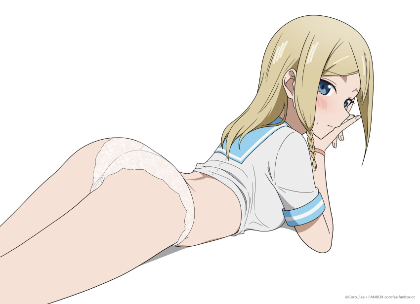 1girl absurdres ass blonde_hair blue_eyes blue_sailor_collar clothes_lift coro_fae elbow_rest from_side hayasaka_ai highres kaguya-sama_wa_kokurasetai_~tensai-tachi_no_renai_zunousen~ long_hair looking_at_viewer lying no_pants on_stomach panties sailor_collar shirt shirt_lift simple_background solo thighs underwear white_background white_panties white_shirt