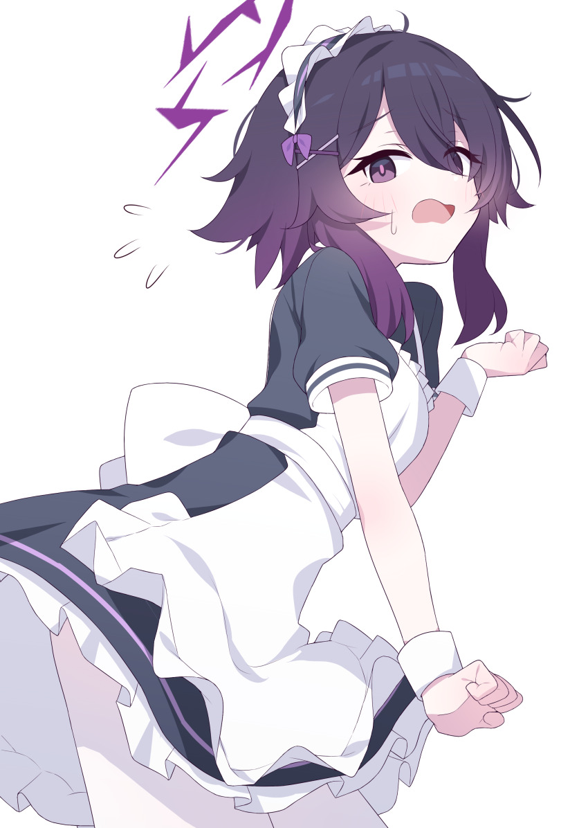 1girl absurdres alternate_costume apron blue_archive clumsy hagoonha halo haruka_(blue_archive) highres looking_at_viewer maid maid_apron maid_headdress medium_hair open_mouth pantyhose purple_eyes purple_hair purple_halo simple_background solo white_background white_pantyhose