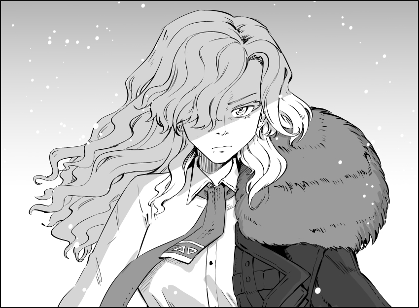 1girl absurdres arm_out_of_sleeve closed_mouth coat collared_shirt curly_hair fur-trimmed_coat fur_trim gradient_background greyscale hair_over_one_eye highres long_hair looking_at_viewer mole mole_under_mouth monochrome necktie one_eye_covered oscar_fong reverse:1999 shirt snowing solo straight-on upper_body v-shaped_eyebrows windsong_(reverse:1999)