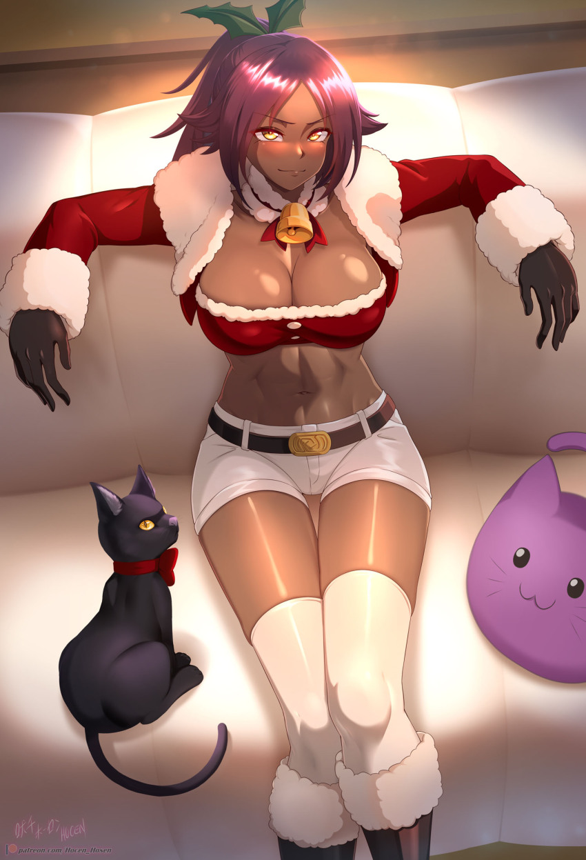 1girl artist_name bell belt black_cat black_gloves bleach bleach:_brave_souls boots breasts cat christmas cleavage couch dark-skinned_female dark_skin female_focus fur-trimmed_boots fur-trimmed_jacket fur_trim gloves hair_ornament highres hocen_hosen jacket large_breasts long_hair navel official_alternate_costume patreon_username ponytail purple_hair red_jacket shihouin_yoruichi short_shorts shorts sitting skirt smile solo tagme thighhighs thighhighs_under_boots variant_set white_shorts white_thighhighs yellow_eyes