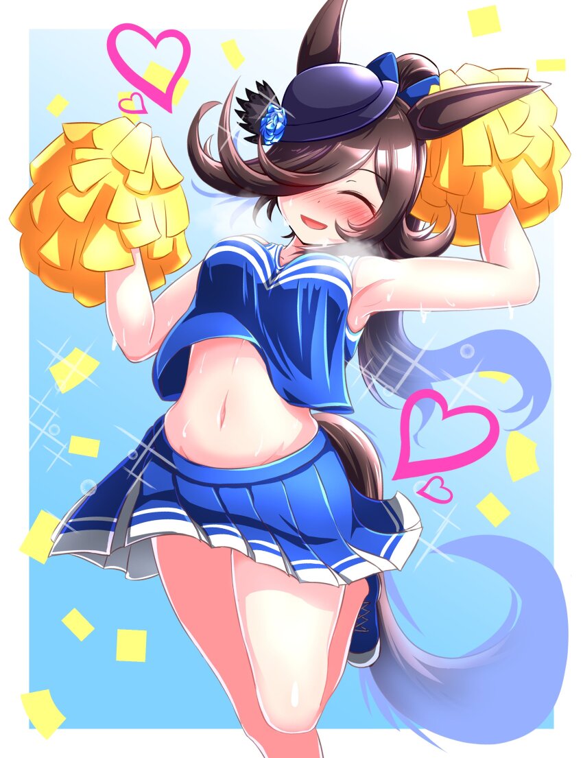 1girl absurdres animal_ears armpits bare_legs blue_background blue_flower blue_rose blue_skirt blush bouncing_breasts breasts brown_hair cheering cheerleader closed_eyes commentary_request commission confetti crop_top flower hair_over_one_eye hat hat_flower heart highres holding holding_pom_poms horse_ears horse_girl horse_tail lev_(levls333) long_hair looking_at_viewer medium_breasts midriff miniskirt navel paid_reward_available pleated_skirt pom_pom_(cheerleading) pom_poms rice_shower_(umamusume) rose shoes skeb_commission skirt smile sneakers tail tilted_headwear umamusume