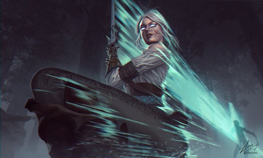 1boy 1girl blank_eyes brown_gloves brown_pants ciri facial_scar gloves highres holding holding_sword holding_weapon pants saidrawing scar scar_on_cheek scar_on_face shirt solo solo_focus sword the_witcher_(series) the_witcher_3 weapon white_hair white_shirt