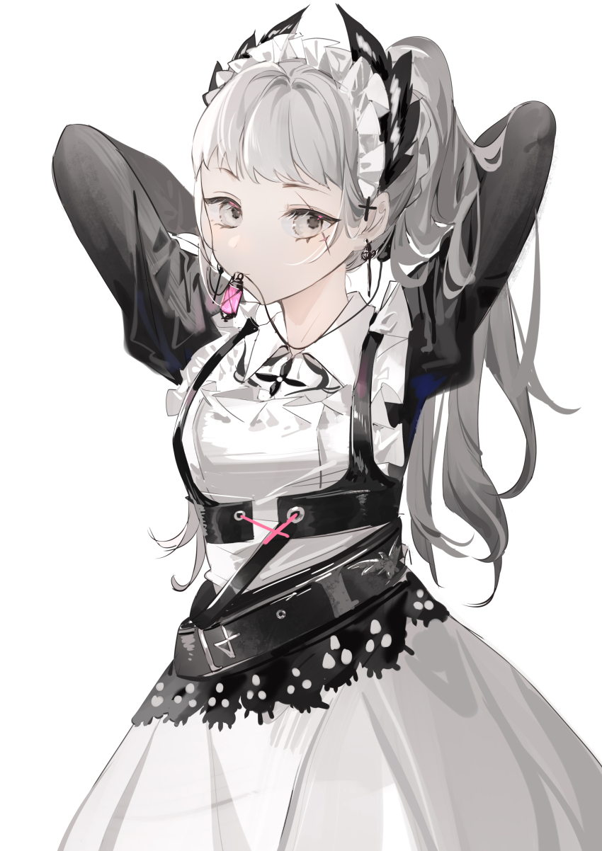 1girl 632412096 absurdres ambience_synesthesia apron arknights arms_behind_head arms_up black_dress closed_mouth collared_shirt cowboy_shot cross_scar dress earrings grey_eyes grey_hair hair_ornament head_wings highres irene_(arknights) irene_(voyage_of_feathers)_(arknights) jewelry long_hair long_sleeves looking_at_viewer maid maid_apron maid_headdress mouth_hold necklace official_alternate_costume puffy_sleeves scar scar_across_eye shirt solo white_apron white_background white_shirt wing_collar wings