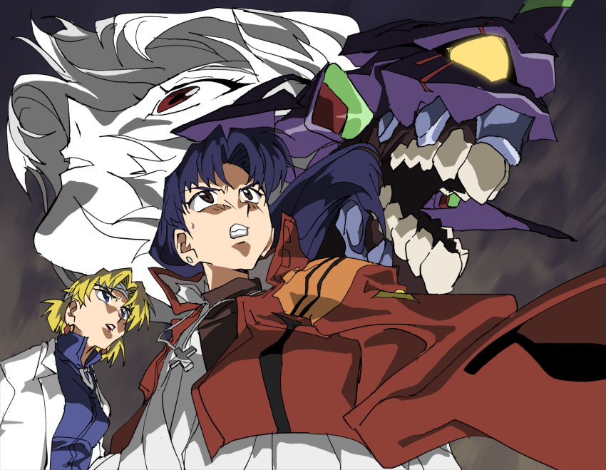 3girls akagi_ritsuko ayanami_rei bandaged_head bandages bandaid blonde_hair clenched_teeth commentary_request cross cross_necklace eva_01 evangelion_(mecha) glowing glowing_eye highres jacket jacket_on_shoulders jewelry katsuragi_misato lab_coat lipstick long_hair makeup mecha multiple_girls necklace neon_genesis_evangelion profile purple_hair red_eyes red_jacket robot science_fiction shino_(2919) shirt short_hair teeth