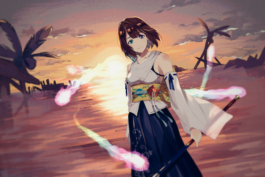 1girl blue_eyes breasts brown_hair closed_mouth commentary_request detached_sleeves final_fantasy final_fantasy_x green_eyes hair_ornament hakama hakama_skirt heterochromia highres holding japanese_clothes looking_at_viewer short_hair skirt smile solo staff yawai_tofu yuna