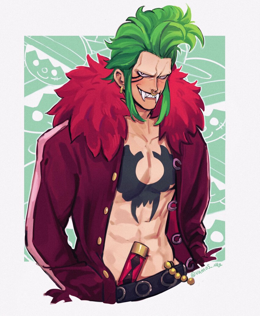 1boy abs absurdres bartolomeo blush chest_tattoo coat commentary_request cowboy_shot fangs fur-trimmed_coat fur_trim green_hair highres looking_at_viewer male_focus medium_hair monkey_d._luffy nose_piercing one_piece open_mouth piercing scar scar_on_face sidelocks smile solo tattoo vamos_mk