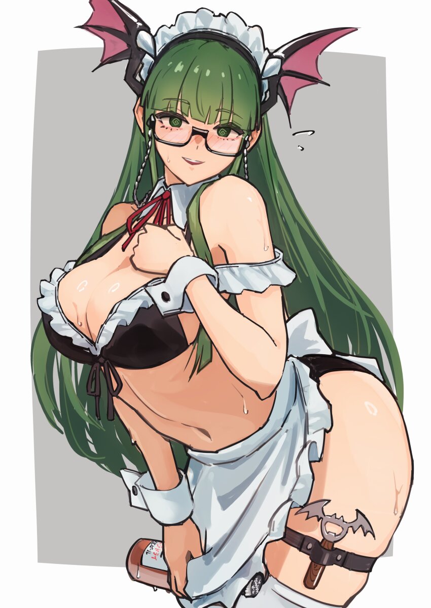 1girl @_@ absurdres ap_cammy apron ass bare_shoulders bikini black_bikini border bottle breasts capcom cleavage cowboy_shot darkstalkers female_focus frilled_bikini frills glasses green_eyes green_hair grey_background head_wings highres holding holding_bottle large_breasts long_hair looking_at_viewer maid_headdress matching_hair/eyes morrigan_aensland navel semi-rimless_eyewear simple_background solo swimsuit under-rim_eyewear white_apron white_border wings