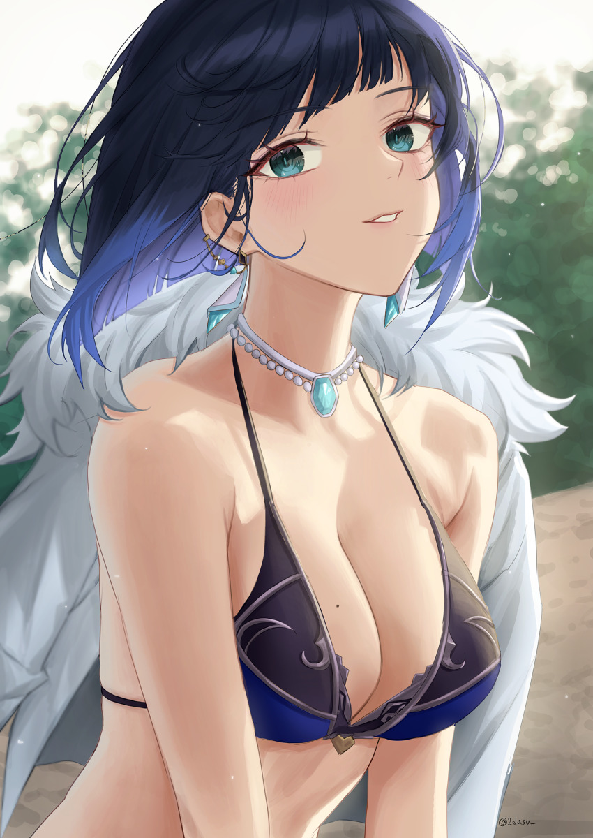 1girl aqua_eyes artist_name bare_arms bare_shoulders beach bikini black_bikini black_bra black_hair blue_bikini blue_bra blue_eyes blue_hair blurry blurry_background blush bra breasts bush closed_mouth collarbone commentary_request crystal crystal_earrings earrings genshin_impact green_eyes grey_jacket heart highres hood idasu_(hyun9164) jacket jewelry large_breasts leaf long_sleeves looking_at_viewer multicolored_hair necklace pocket sand short_hair sky smile solo swimsuit teeth underwear upper_body white_sky yelan_(genshin_impact)