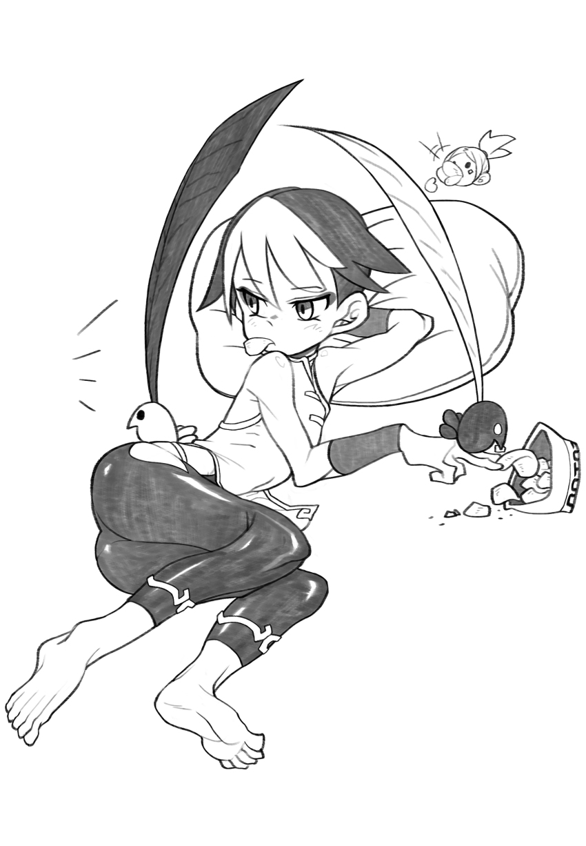 1girl absurdres arm_behind_head ass bag barefoot bird black_hair cerebella_(skullgirls) chinese_clothes chips_(food) feng_(skullgirls) food food_in_mouth greyscale highres lying monochrome mouth_hold multicolored_hair on_side pillow potato_chips short_hair skullgirls solo two-tone_hair waa153 white_hair