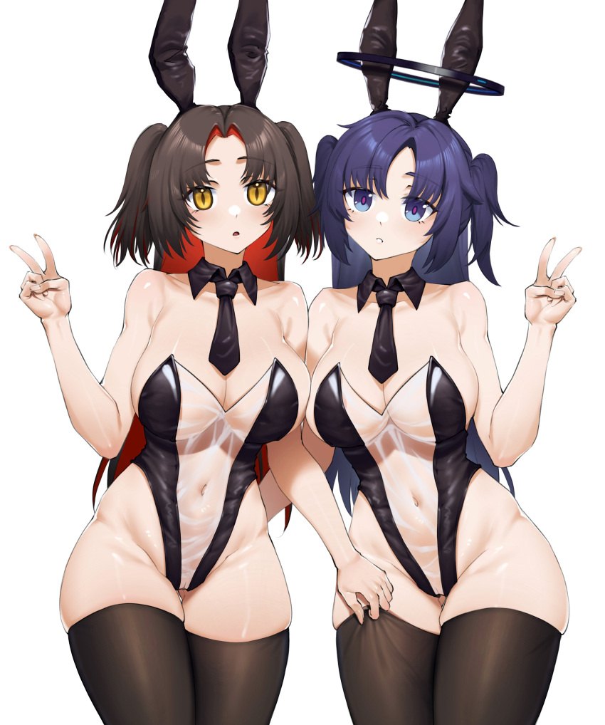 2girls absurdres animal_ears azur_lane bare_shoulders black_hair black_leotard black_necktie black_thighhighs blue_archive breasts colored_inner_hair cosplay covered_navel fake_animal_ears ghosty_(xiaobai) gluteal_fold halo hand_up highres huge_breasts leotard long_hair looking_at_viewer multicolored_hair multiple_girls necktie official_alternate_costume parted_bangs parted_lips playboy_bunny purple_hair pussy rabbit_ears red_hair red_pupils see-through_clothes see-through_leotard simple_background skindentation slit_pupils thighhighs two_side_up v white_background yellow_eyes yuuka_(blue_archive) z52_(azur_lane) z52_(azur_lane)_(cosplay) z52_(the_rapid_rabbit)_(azur_lane)