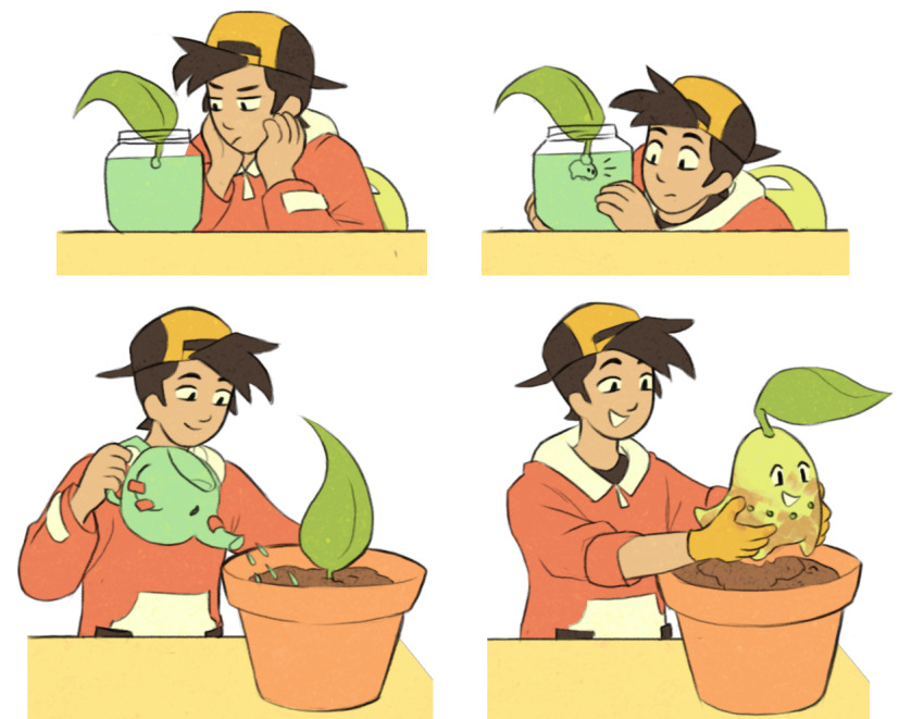 1boy backwards_hat baseball_cap black_hair chikorita creatures_(company) ethan_(pokemon) fruitcombo game_freak gen_2_pokemon gloves hat holding holding_jar holding_watering_can jar looking_at_another male_focus nintendo phanpy pokemon pokemon_(creature) pokemon_hgss smile watering_can yellow_gloves