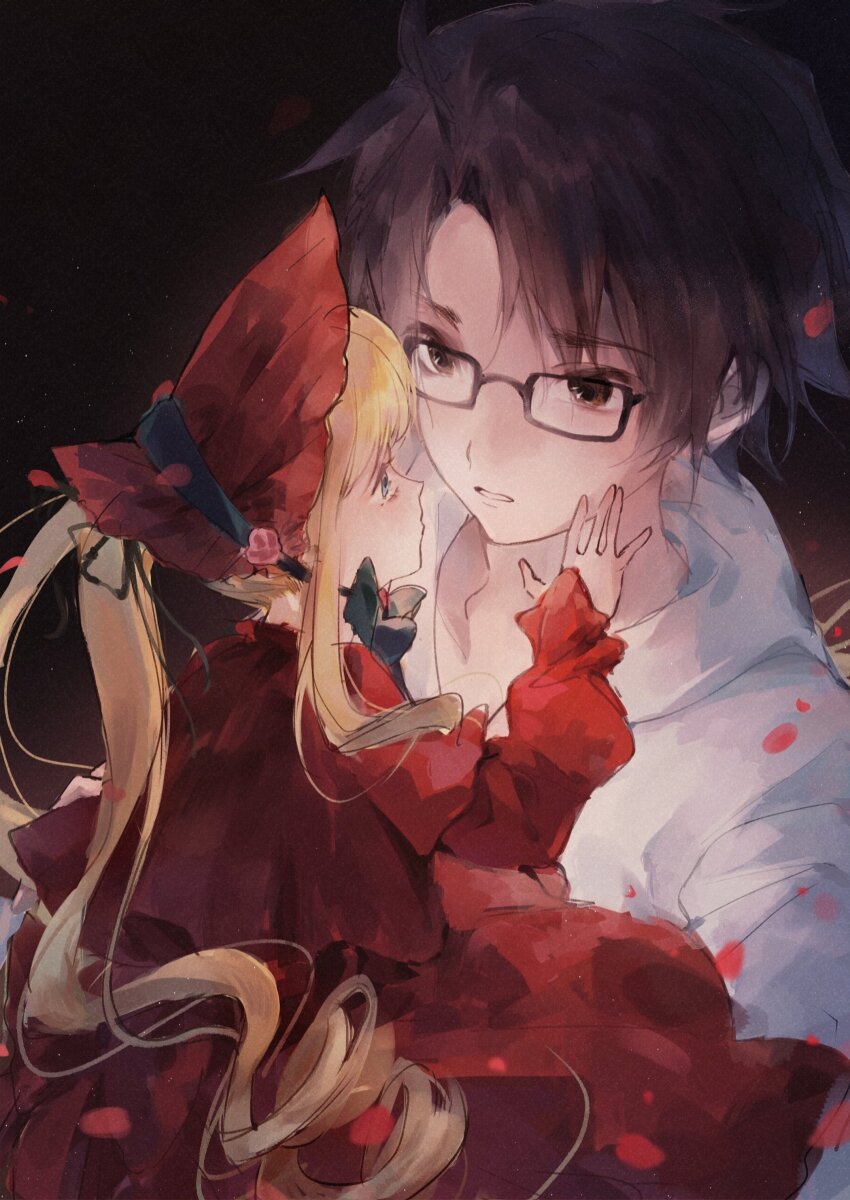 1boy 1girl absurdres black_hair blonde_hair blue_eyes bonnet dress glasses hand_on_another&#039;s_cheek hand_on_another&#039;s_face highres long_hair looking_at_another parted_lips petals red_dress rozen_maiden sakurada_jun shinku yeluo_black