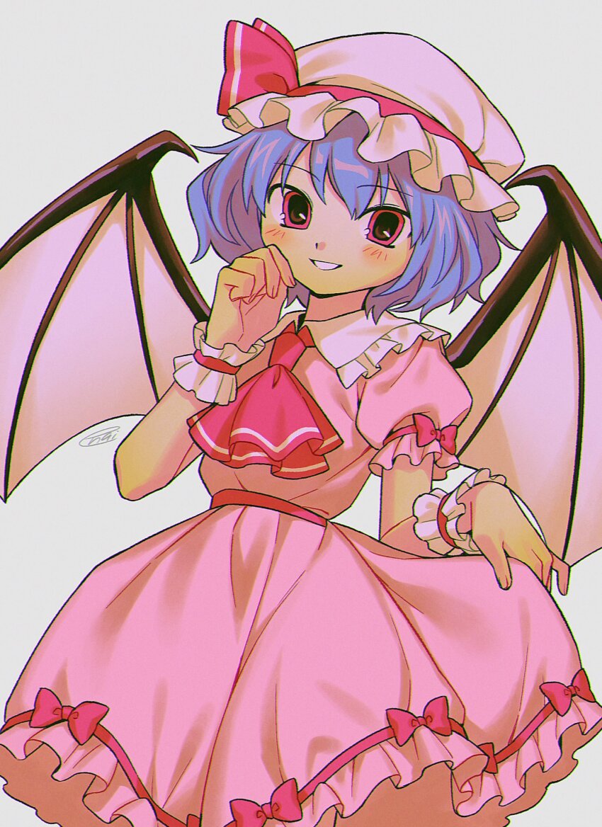 1girl ascot bat_wings blue_hair blush bow chromatic_aberration clothes_lift collared_dress commentary_request cowboy_shot dress dress_bow dress_lift fingernails frilled_dress frilled_shirt_collar frilled_sleeves frilled_wrist_cuffs frills grin hand_on_own_cheek hand_on_own_face hand_up hat hat_bow highres looking_at_viewer menma_(enaic31) mob_cap pink_ascot pink_bow pink_dress pink_hair pink_wrist_cuffs puffy_short_sleeves puffy_sleeves remilia_scarlet retro_artstyle short_hair short_sleeves signature simple_background sleeve_bow smile solo touhou white_hat wings wrist_cuffs