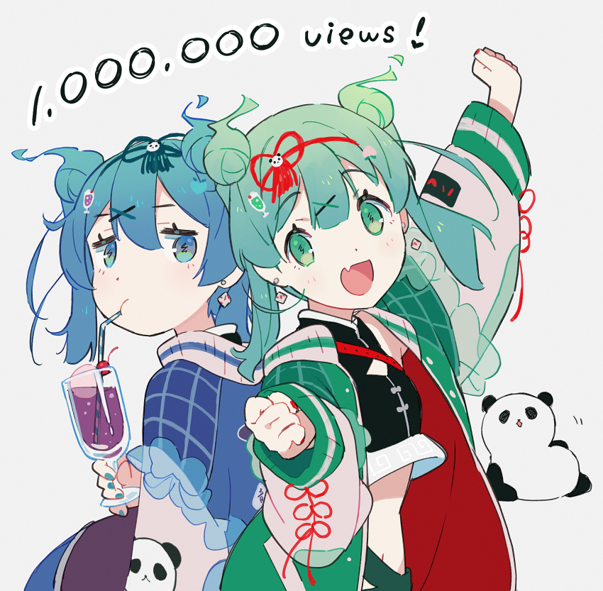 2girls blue_nails china_dress chinese_clothes double_bun dress drinking drinking_straw drinking_straw_in_mouth english_text fang hair_between_eyes hair_bun hao_(vocaloid) hatsune_miku highres jacket looking_at_viewer midriff multiple_girls nail_polish nitanda_cona open_clothes open_jacket panda red_nails skin_fang vocaloid