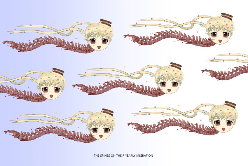 absurdres avvunka blonde_hair blood bloodshot_eyes english_text flying food-themed_hair_ornament guro hair_ornament highres multiple_girls original smietana_(avvunka) smile spine surreal twintails