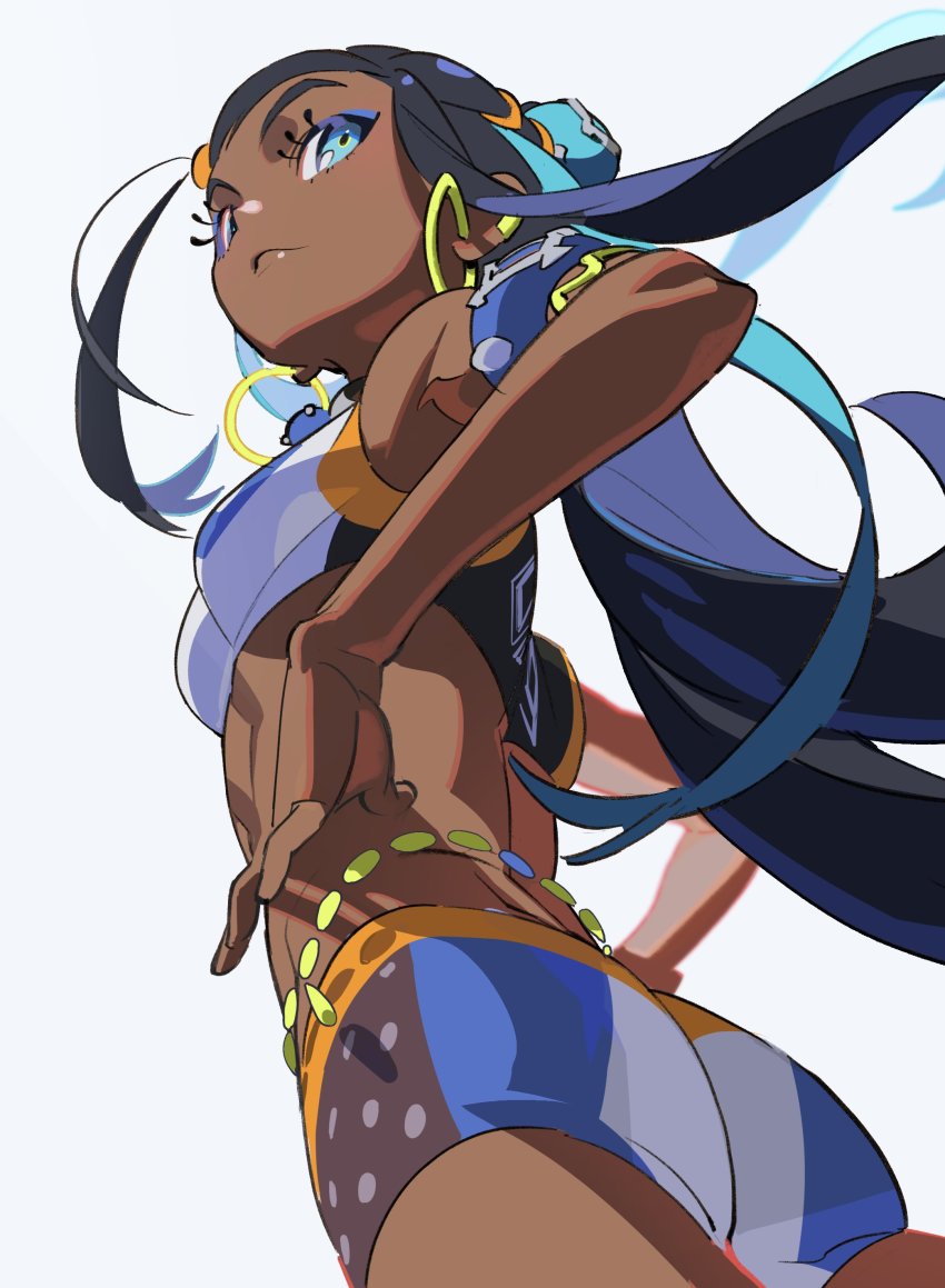 1girl absurdres aqua_hair armlet ass belly_chain bike_shorts bikini black_hair blue_eyes blue_eyeshadow breasts creatures_(company) cropped_legs dark-skinned_female dark_skin earclip earrings eyeshadow game_freak hair_bun highres hoop_earrings jewelry long_hair makeup medium_breasts multicolored_hair necklace nessa_(pokemon) nintendo pokemon pokemon_swsh single_hair_bun swimsuit tankini two-tone_hair yoneyama_mai