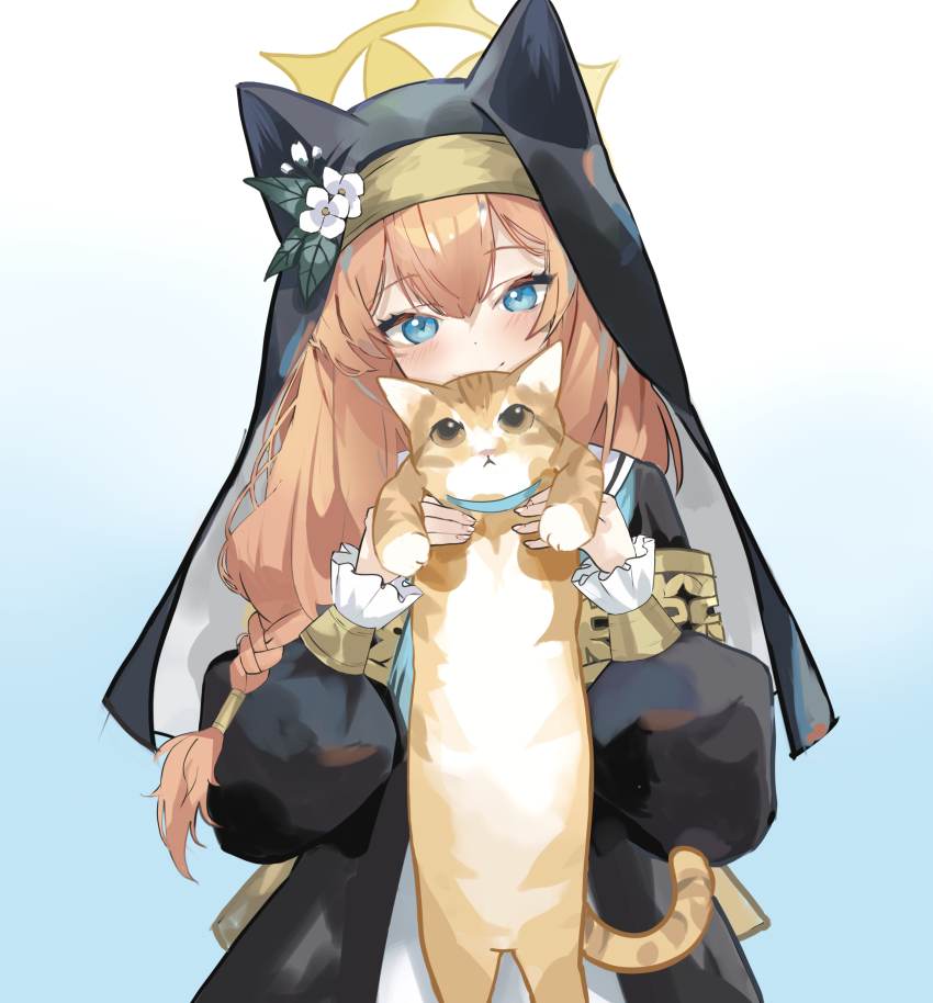 1girl absurdres animal_ear_headwear blue_archive blush calico cat double-parted_bangs enne_kl fake_animal_ears habit halo head_tilt highres lifting_animal long_hair looking_at_viewer mari_(blue_archive) nun orange_hair school_uniform simple_background smile solo upper_body very_long_hair