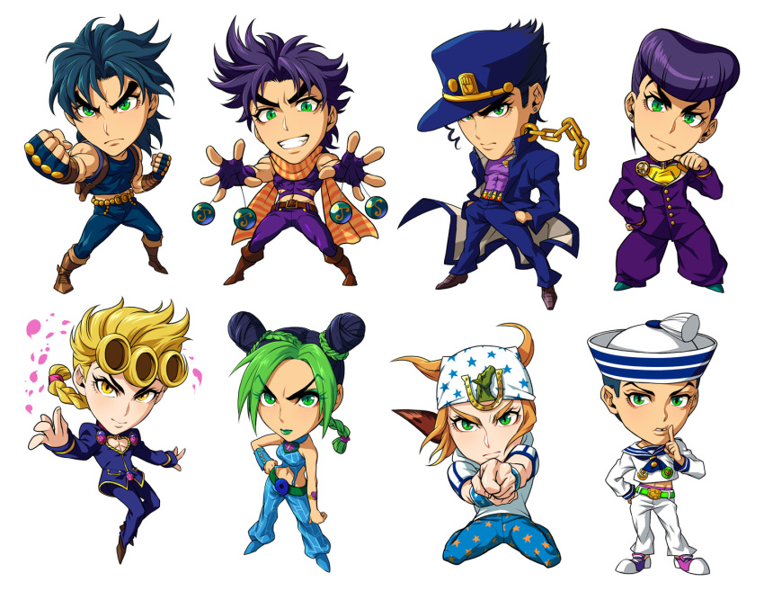 1girl 6+boys blonde_hair blue_hair chibi cone_hair_bun dixie_cup_hat double_bun giorno_giovanna green_eyes green_hair green_lips hair_bun hat higashikata_josuke higashikata_josuke_(jojolion) johnny_joestar jojo_no_kimyou_na_bouken jojolion jonathan_joestar joseph_joestar joseph_joestar_(young) kotatsu0803 kotatsu_(g-rough) kuujou_jolyne kuujou_joutarou lipstick looking_at_viewer makeup military_hat multicolored_hair multiple_boys pompadour purple_hair simple_background steel_ball_run two-tone_hair vento_aureo white_background