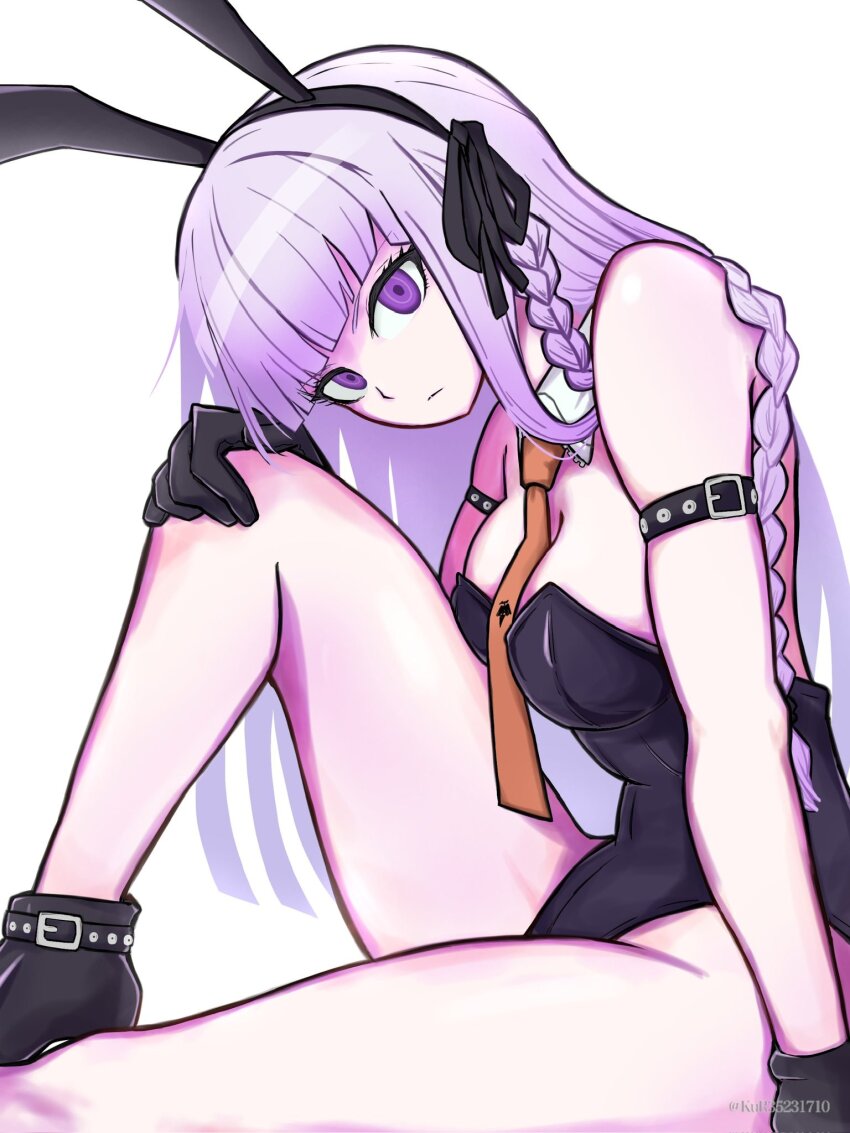 1girl animal_ears aruke_(gter7727) black_gloves black_ribbon braid breasts danganronpa:_trigger_happy_havoc danganronpa_(series) detached_collar fake_animal_ears gloves hair_ribbon highres kirigiri_kyoko knee_up leotard long_hair looking_at_viewer official_alternate_costume playboy_bunny purple_eyes purple_hair rabbit_ears ribbon side_braid sitting solo strapless strapless_leotard