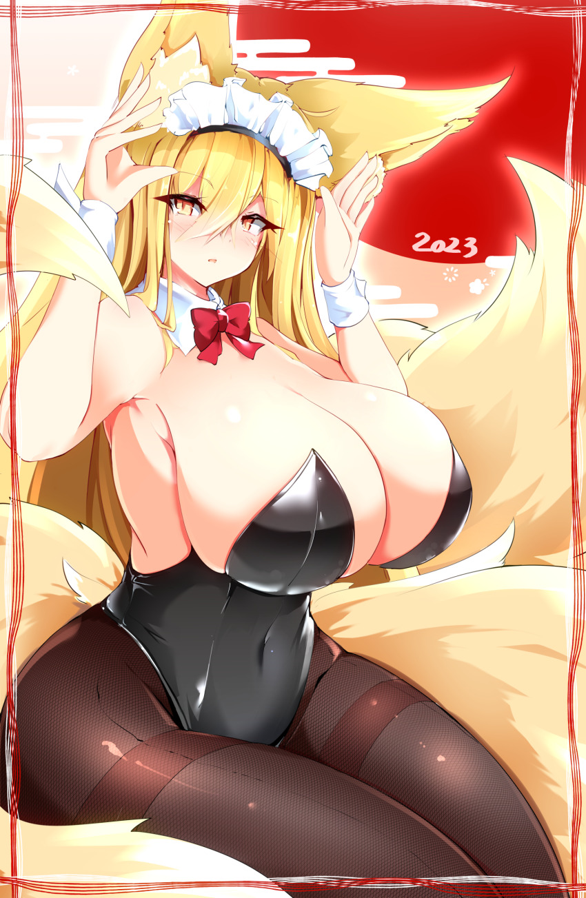 1girl absurdres animal_ear_fluff animal_ears blonde_hair breasts cleavage covered_navel cowboy_shot fox_ears fox_girl fox_tail hair_between_eyes highres hirume_of_heavenly_incense huge_breasts kitsune kyuubi last_origin leotard leqz5945 long_hair looking_at_viewer maid_headdress multiple_tails pantyhose playboy_bunny rabbit_pose sitting skindentation solo tail thighband_pantyhose very_long_hair yellow_eyes