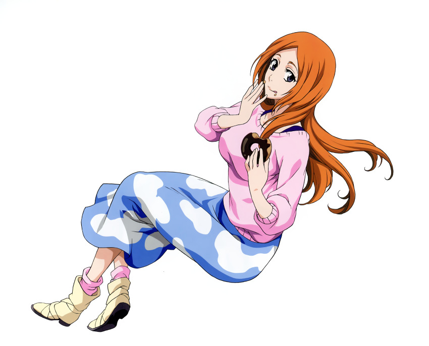 1girl bleach bleach:_brave_souls blue_eyes breasts donuts full_body highres inoue_orihime kubo_tite large_breasts long_hair official_art orange_hair simple_background smile solo sweater