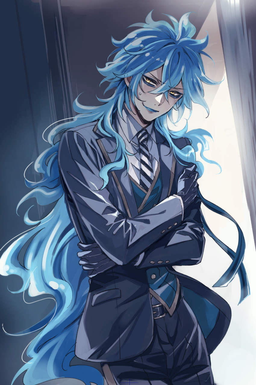 1boy blue_hair blue_lips bubobo1 commentary_request cowboy_shot gloves highres idia_shroud indoors long_hair looking_at_viewer male_focus night_raven_college_uniform school_uniform smile solo twisted_wonderland very_long_hair yellow_eyes