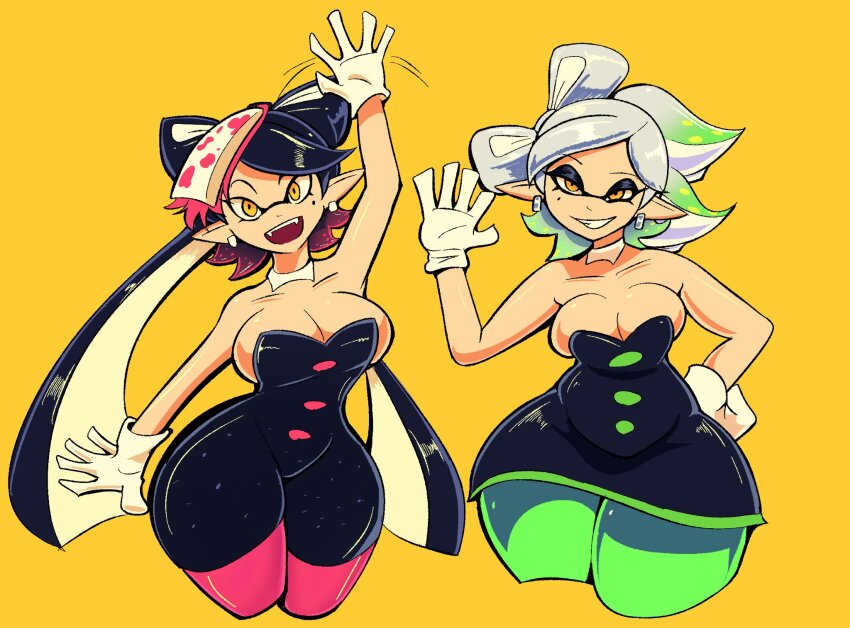 2girls artist_request black_hair breasts callie_(splatoon) cleavage costume cousins earrings female_focus georgewithas green_pantyhose highres huge_breasts inkling jewelry looking_at_viewer marie_(splatoon) multiple_girls nintendo pantyhose pink_pantyhose pointy_ears short_hair splatoon_(series) tagme tentacle_hair tentacles thick_thighs thighs waving white_hair wide_hips yellow_eyes