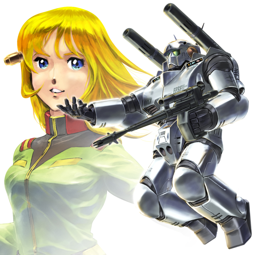 1970s_(style) 1980s_(style) 1girl armor beam_rifle blonde_hair blue_eyes boots breasts cannon concept_art crossover earth_federation energy_gun explosive eyebrows grenade gun guncannon gundam hachijou_shima_(gundam) handgun highres igunuk long_hair looking_at_viewer mecha military military_uniform mobile_suit_gundam oldschool original parted_lips power_armor projected_inset retro_artstyle robot science_fiction serious starship_troopers tossing uchuu_no_senshi upper_body weapon