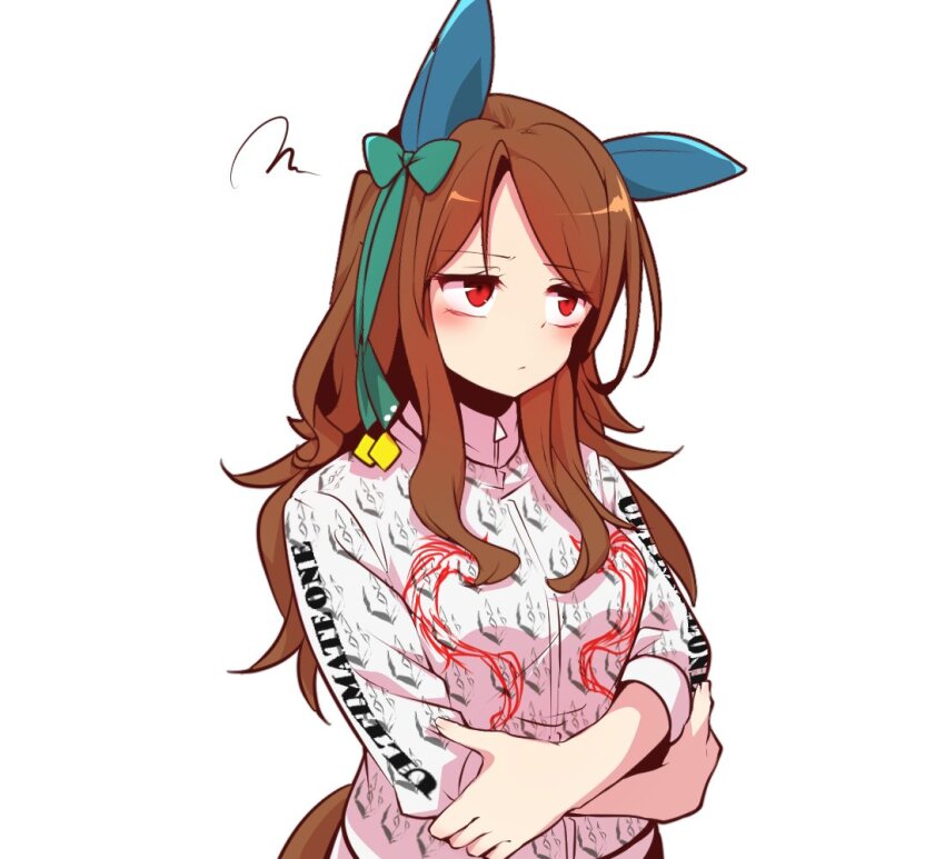 1girl animal_ears bow brown_hair clothes_writing commentary cosplay ear_covers fukunaga_yuuichi fukunaga_yuuichi_(cosplay) hair_bow horse_ears horse_girl jacket king_halo_(umamusume) long_hair looking_up real_life red_eyes simple_background solo squiggle umamusume upper_body white_background white_jacket yonedatomo_mizu