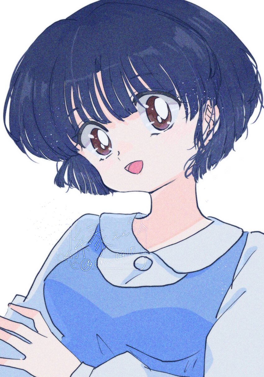 :d absurdres artist_name blouse blue_dress blue_hair blunt_bangs bob_cut breasts brown_eyes close-up collared_shirt commentary crossed_arms dress en_0410 film_grain fuurinkan_high_school_uniform head_tilt highres light_particles looking_at_viewer loose_hair_strand medium_breasts open_mouth pinafore_dress portrait ranma_1/2 school_uniform shirt short_hair signature simple_background sleeveless sleeveless_dress smile tendou_akane twitter_username white_background white_shirt