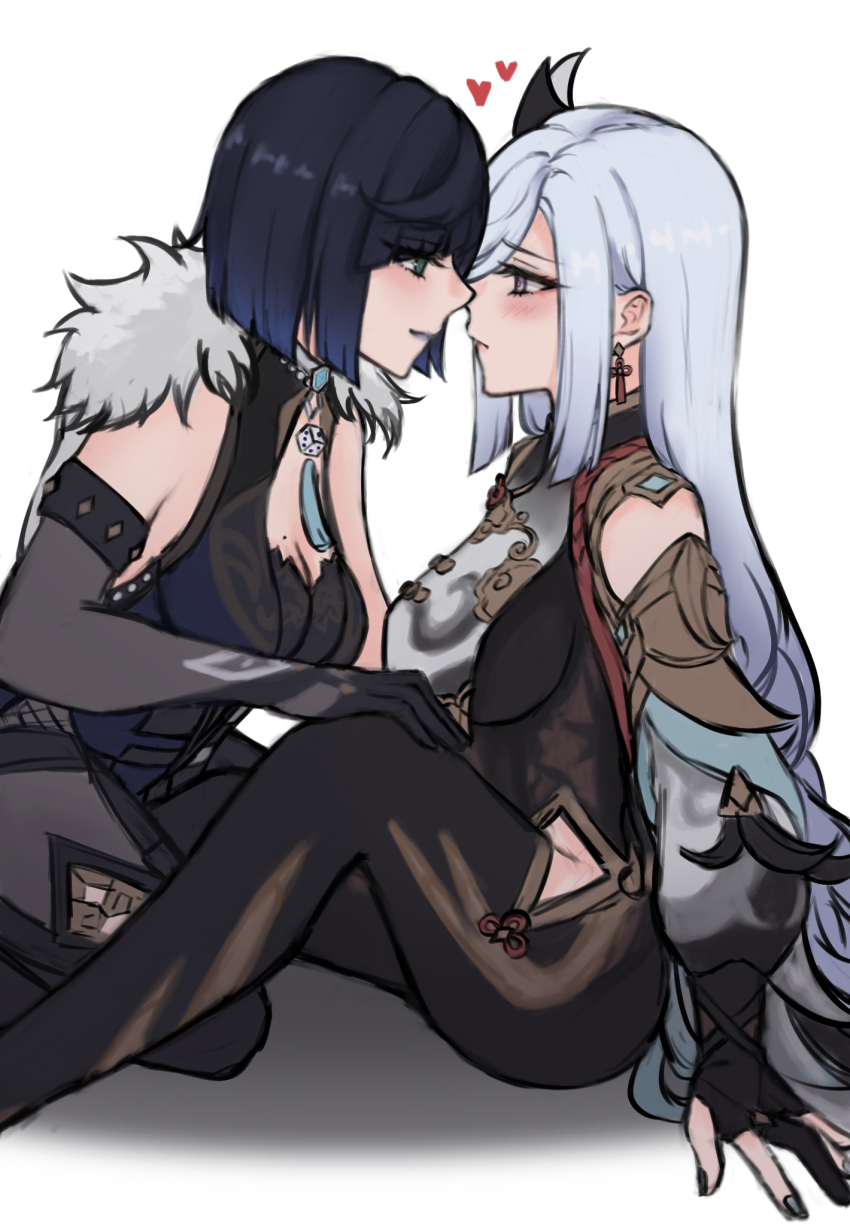 2girls a_ai_ri black_bodysuit black_dress black_gloves blue_hair blush bodysuit breasts cleavage closed_mouth clothing_cutout commentary_request dice dress earrings eye_contact fingerless_gloves genshin_impact gloves green_eyes grey_eyes grey_hair hand_on_another&#039;s_knee heart highres jewelry large_breasts long_hair looking_at_another mole mole_on_breast multiple_girls noses_touching shenhe_(genshin_impact) short_hair simple_background sitting tassel thigh_cutout white_background yelan_(genshin_impact) yuri