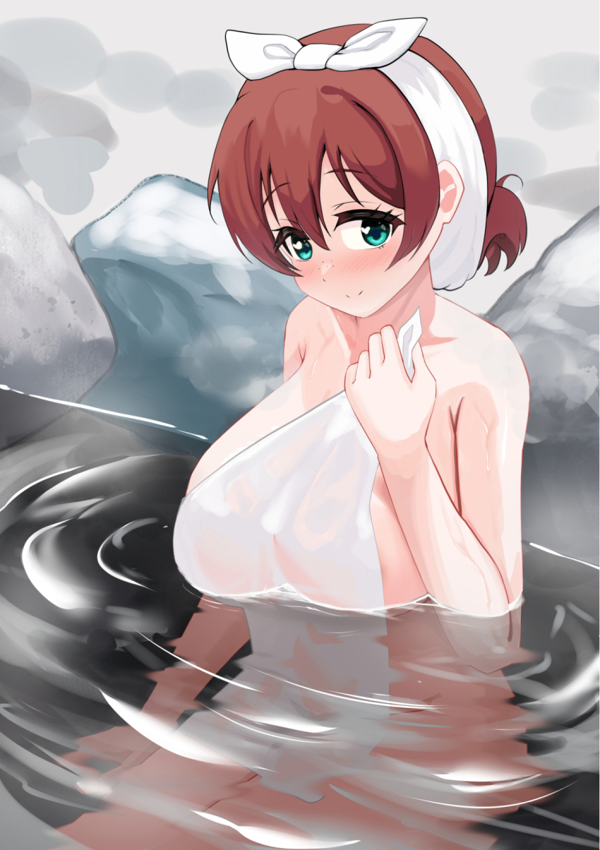 1girl aqua_eyes braid breasts brown_hair emma_verde large_breasts looking_at_viewer love_live! love_live!_nijigasaki_high_school_idol_club one_eye_closed pisagi smile solo twin_braids