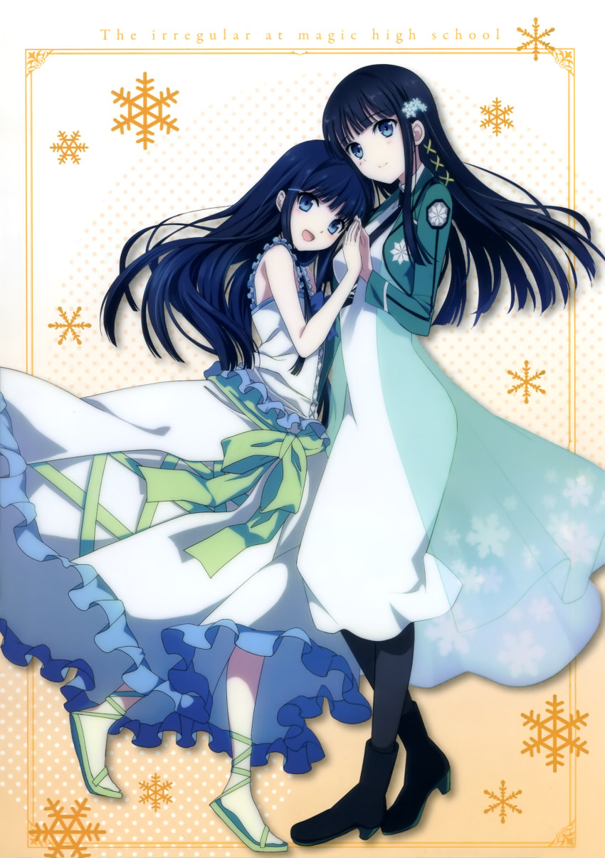 10s 2girls :d absurdres aged_down black_legwear blue_eyes blue_hair blunt_bangs boots copyright_name dress dual_persona flower frilled_dress frills hair_flower hair_ornament hairclip highres holding_hands ikawa_waki ishida_kana long_hair looking_at_viewer mahouka_koukou_no_rettousei multiple_girls necktie official_art open_mouth pantyhose sandals scan school_uniform shiba_miyuki smile snowflakes time_paradox white_dress