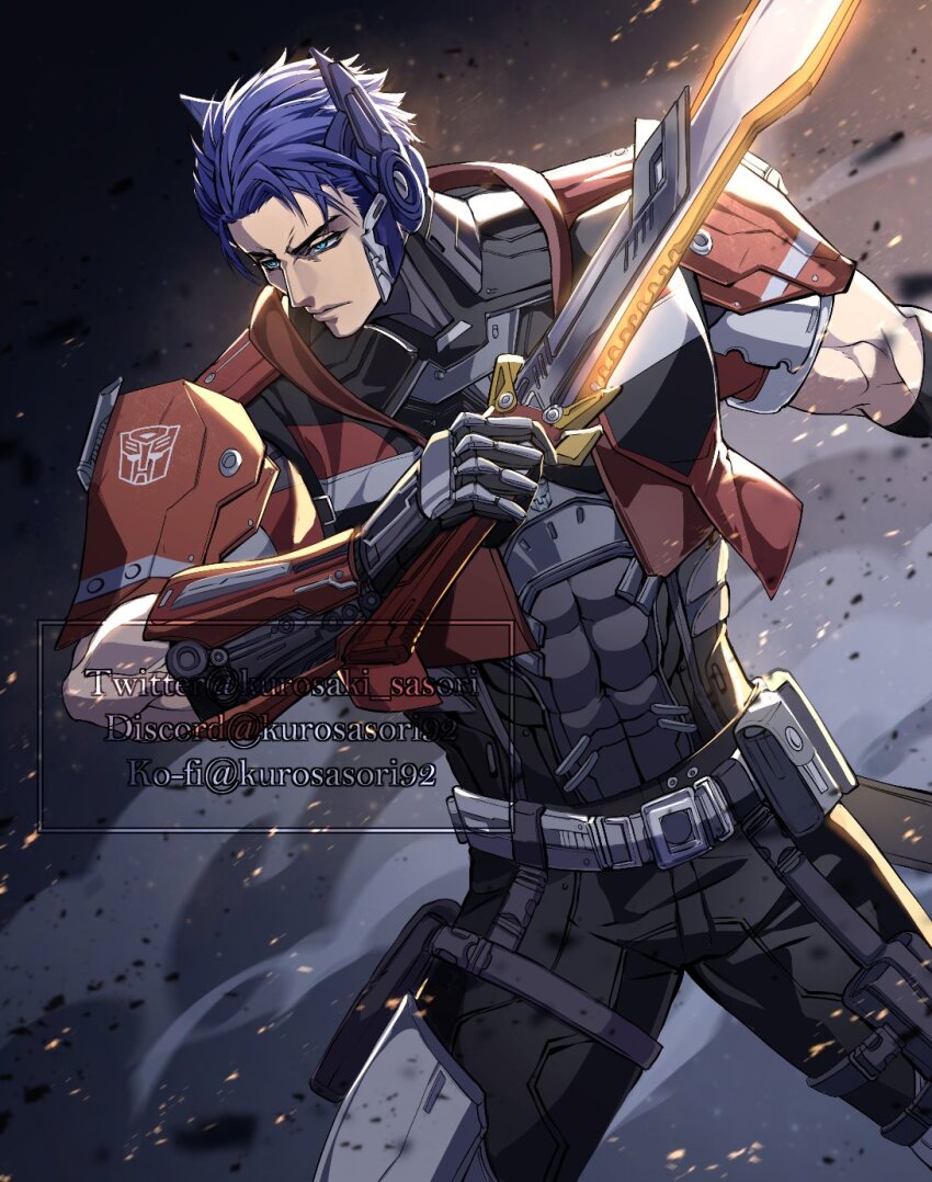 1boy autobot blue_eyes blue_hair bumblebee_(film) glowing headgear highres holding holding_sword holding_weapon humanization insignia kurosaki_sasori optimus_prime solo sword transformers transformers:_rise_of_the_beasts transformers_(2007_film) transformers_(live_action) weapon