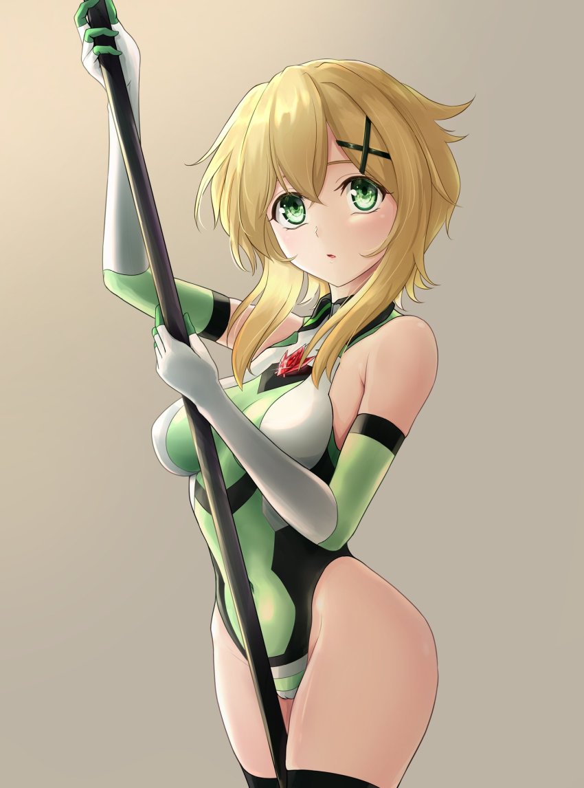 1girl akatsuki_kirika blaze_(blaze_pso2) blonde_hair breasts covered_navel elbow_gloves gloves green_eyes green_leotard hair_ornament highres leotard looking_at_viewer medium_breasts senki_zesshou_symphogear shiny_skin short_hair standing striped_clothes striped_thighhighs thighhighs x_hair_ornament