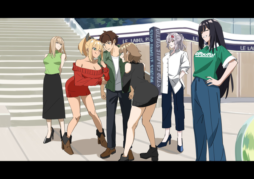 1boy 5girls :q anis_(nikke) arms_behind_back black_hair black_nails black_pants black_skirt black_sweater blue_pants breasts brown_eyes brown_hair cleavage closed_eyes clothing_cutout collared_shirt commander_(nikke) emma_(nikke) goddess_of_victory:_nikke green_shirt green_sweater grey_hair grin hand_on_own_hip high-waist_skirt high_heels highres holding_another&#039;s_arm large_breasts laughing leaning_forward long_skirt moran_(nikke) multiple_girls nail_polish o_draunjoker_x off-shoulder_sweater off_shoulder pants red_sweater rupee_(nikke) shirt short_hair shoulder_cutout skirt smile sweater tongue tongue_out white_shirt yulha_(nikke)