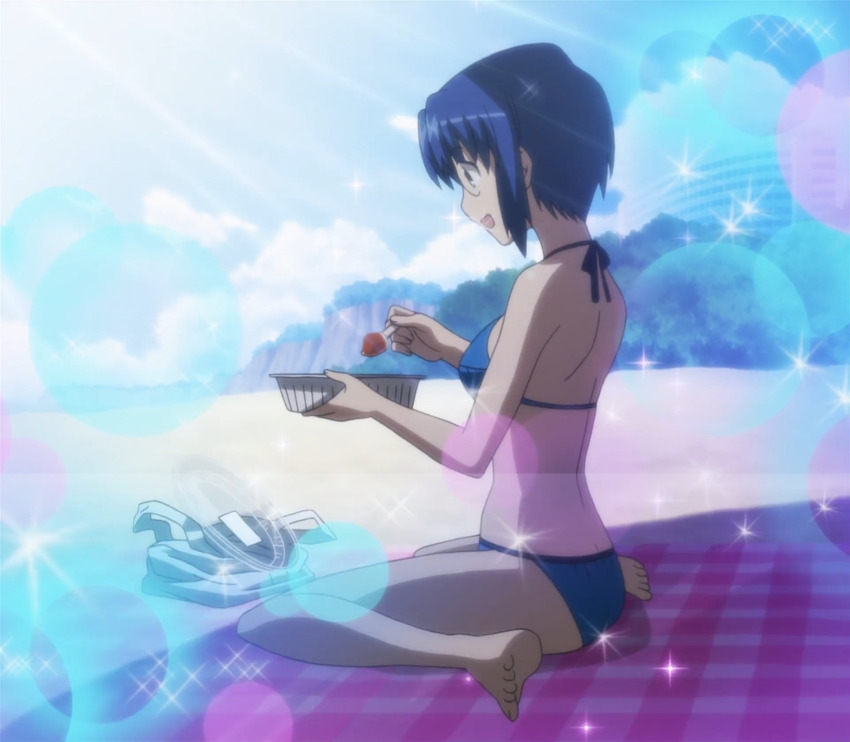 1girl ass barefoot beach bikini blue_bikini blue_eyes blue_hair breasts carnival_phantasm ciel_(tsukihime) curry food from_side glasses highres large_breasts legs looking_down melty_blood ocean open_mouth sideboob sitting smile solo spoon stitched swimsuit thighs third-party_edit tongue tsukihime water