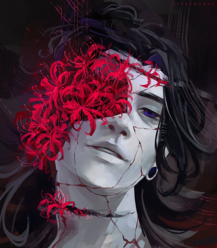 1boy black_hair cracked_skin crybanana77 earrings flower getou_suguru getou_suguru_(kenjaku) highres inward_(itwasleo) jewelry jujutsu_kaisen long_hair looking_at_viewer male_focus purple_eyes solo spider_lily stud_earrings