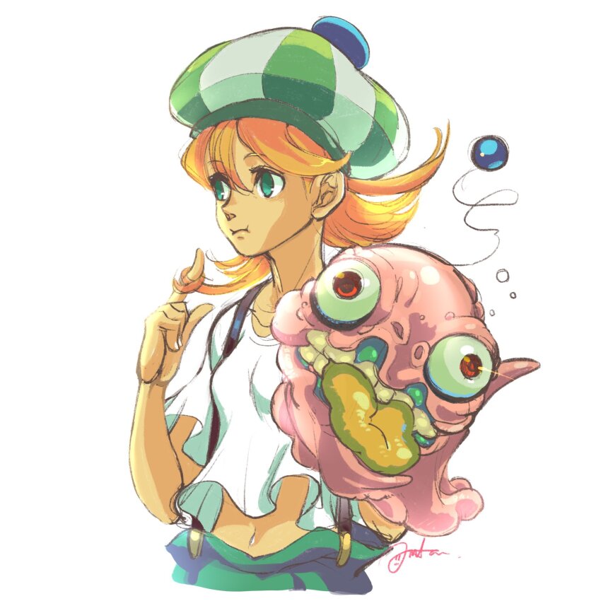 1girl anzuni_(marblefrog) blonde_hair breath_of_fire breath_of_fire_v closed_mouth crop_top hat highres navel oshieta_girl puppet shirt short_hair simple_background solo striped suspenders white_background white_shirt