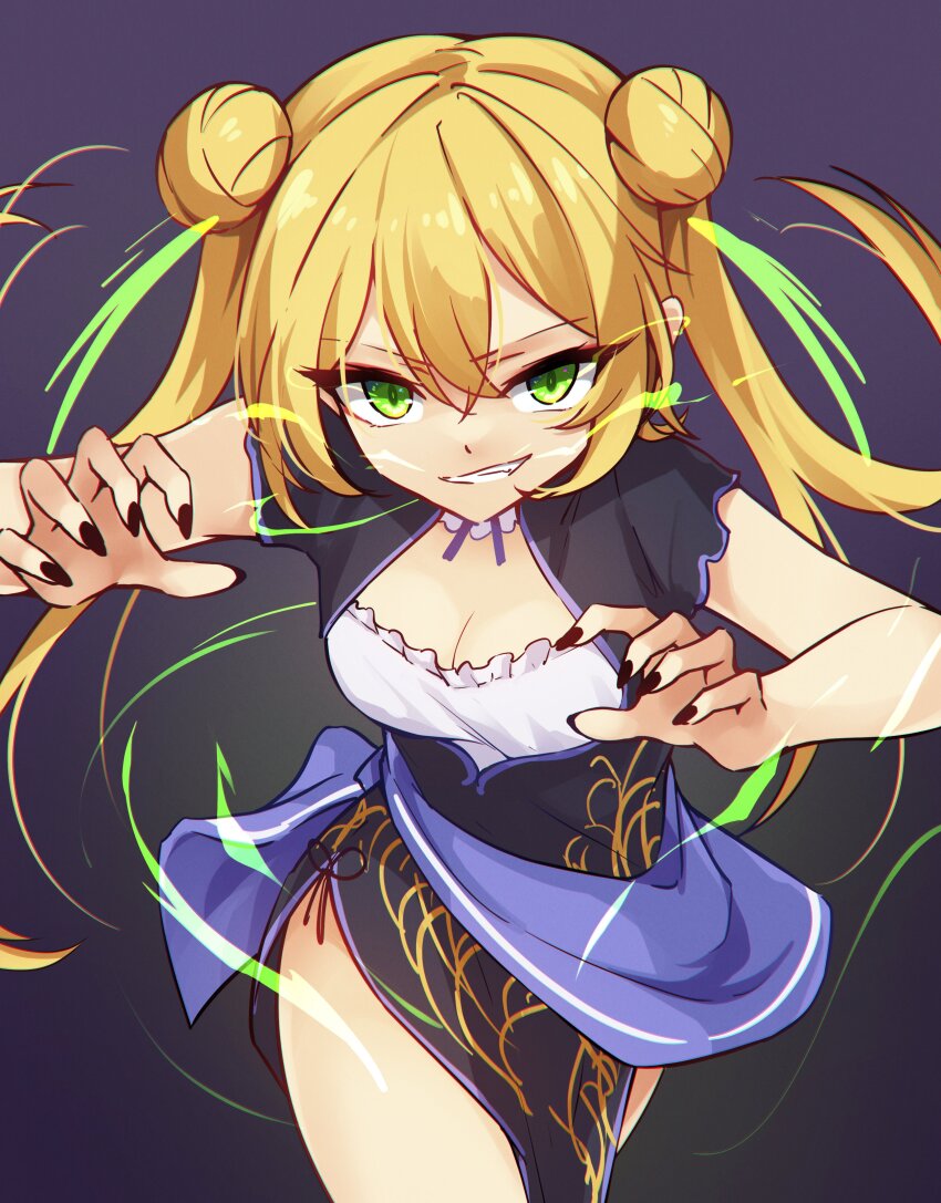 1girl absurdres black_background black_nails breasts claw_pose cleavage cleavage_cutout clothing_cutout dokibird_(vtuber) dokibird_(vtuber)_(retro_doki) double_bun dress green_eyes hair_bun highres indie_virtual_youtuber long_hair looking_at_viewer nail_polish ricegnat short_sleeves simple_background smile solo teeth thighhighs twintails virtual_youtuber