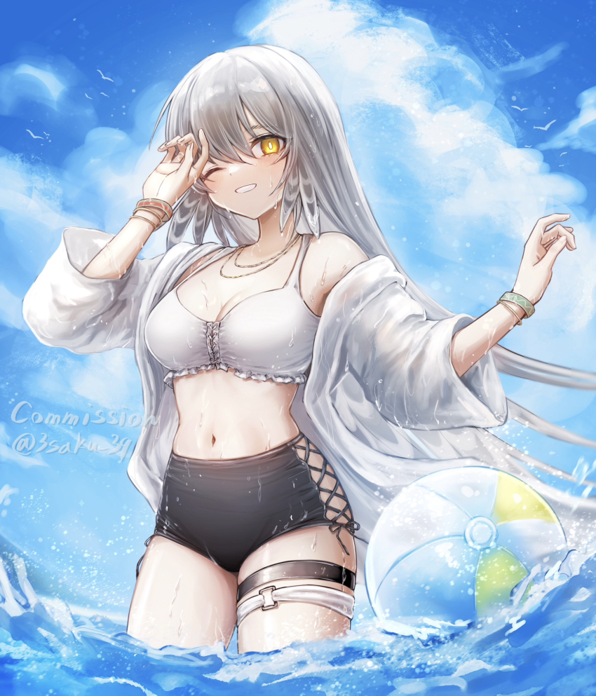 1girl 3_(sanyako1) arknights ball beachball bikini bikini_top_only black_shorts blue_sky breasts bright_pupils cleavage day fartooth_(arknights) feather_hair grey_hair highres jacket jewelry long_hair looking_at_viewer medium_breasts navel necklace o-ring o-ring_thigh_strap off_shoulder one_eye_closed open_clothes open_jacket outdoors shorts sky solo stomach swimsuit thigh_strap very_long_hair wading water wet white_bikini white_jacket white_pupils yellow_eyes