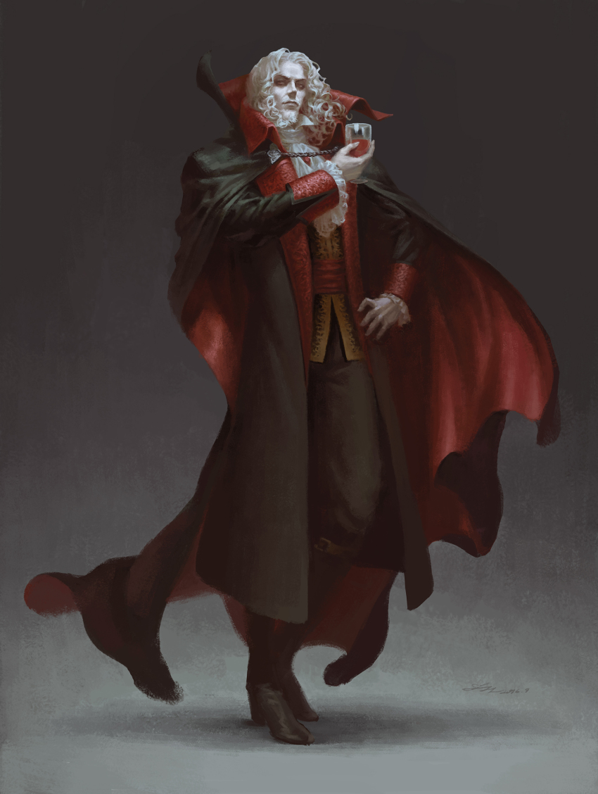 1boy absurdres ascot blood boots cape castlevania_(series) chalice coat cup dracula european_clothes full_body grey_background grey_hair hand_on_own_hip highres holding licking male_focus signature simple_background solo vampire zhoujialin