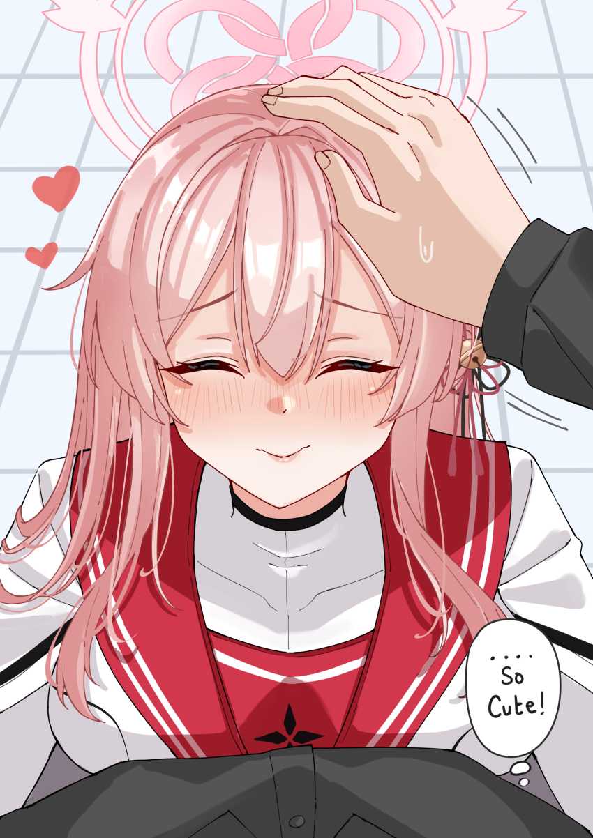 1boy 1girl absurdres bell blue_archive blush braid braided_bun breast_to_pectoral_docking closed_eyes closed_mouth frown hair_bell hair_between_eyes hair_bun hair_ornament halo hand_on_another&#039;s_head hands_up happy hard-translated headpat heart hetero highres hug jingle_bell long_hair long_sleeves looking_at_viewer mimori_(blue_archive) pink_hair pink_halo pout pov pov_hands red_sailor_collar rynn_(darknescorez) sailor_collar shirt sidelocks smile sweat tearing_up tears third-party_edit thought_bubble tile_floor tiles translated v-shaped_eyebrows