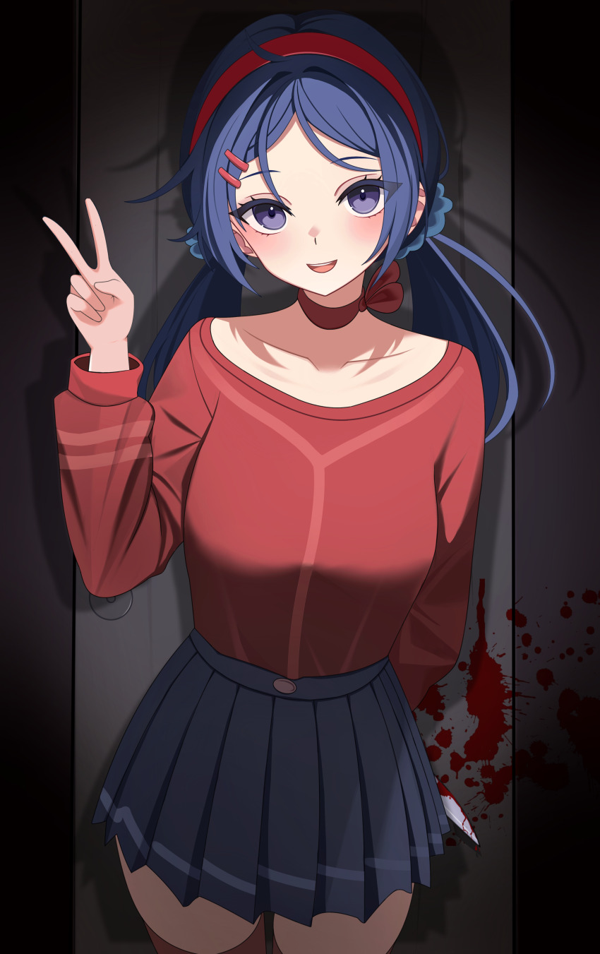 1girl absurdres arm_behind_back blood blood_splatter bloody_knife blue_eyes blue_hair blue_skirt blush breasts choker commentary_request crazy_mita_(miside) cropped_shirt hair_ornament hairband hairclip hand_up highres kenomotsu_yukuwa knife long_hair long_sleeves looking_at_viewer low_twintails miniskirt miside mita_(miside) open_mouth pleated_skirt red_choker red_hairband red_thighhighs skirt smile solo teeth thighhighs twintails upper_teeth_only v