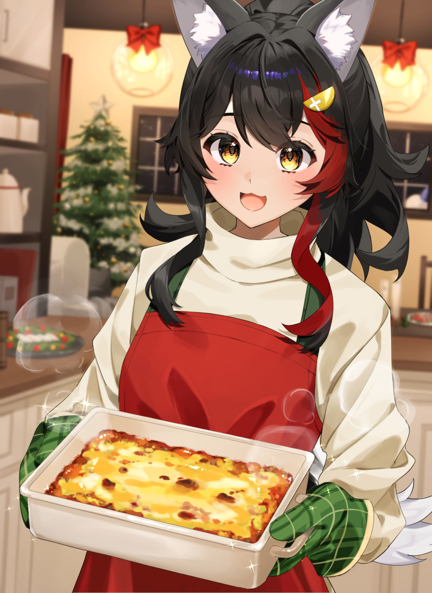 1girl :3 :d absurdres amesui animal_ear_fluff animal_ears apron black_hair colored_tips commentary crossed_bangs double-parted_bangs food hair_between_eyes hair_ornament hairclip high_ponytail highres holding holding_food hololive indoors kitchen lasagne long_hair long_sleeves looking_at_viewer multicolored_hair ookami_mio open_mouth oven_mitts red_apron red_hair sidelocks smile solo sparkle spiked_hair streaked_hair stream sweater turtleneck turtleneck_sweater very_long_hair virtual_youtuber white_hair white_sweater wolf_ears wolf_girl yellow_eyes