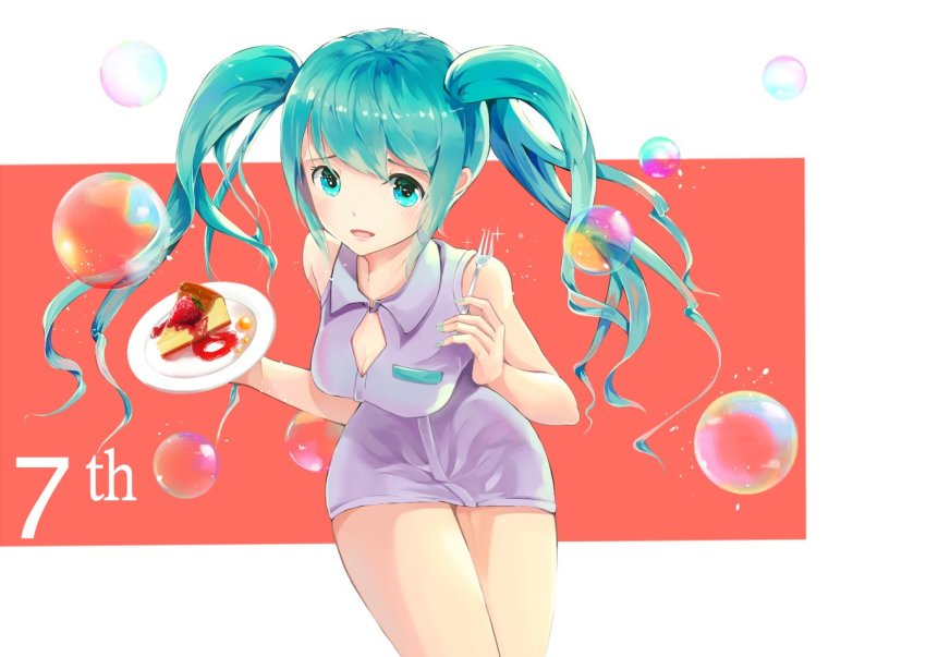 00s 1girl aqua_eyes aqua_hair bent_over breasts bubble cake cleavage cleavage_cutout clothing_cutout female_focus foam food fork fruit hatsune_miku holding long_hair matching_hair/eyes mebin medium_breasts open_mouth sidelocks silverware solo standing strawberry strawberry_shortcake sweets twintails vocaloid