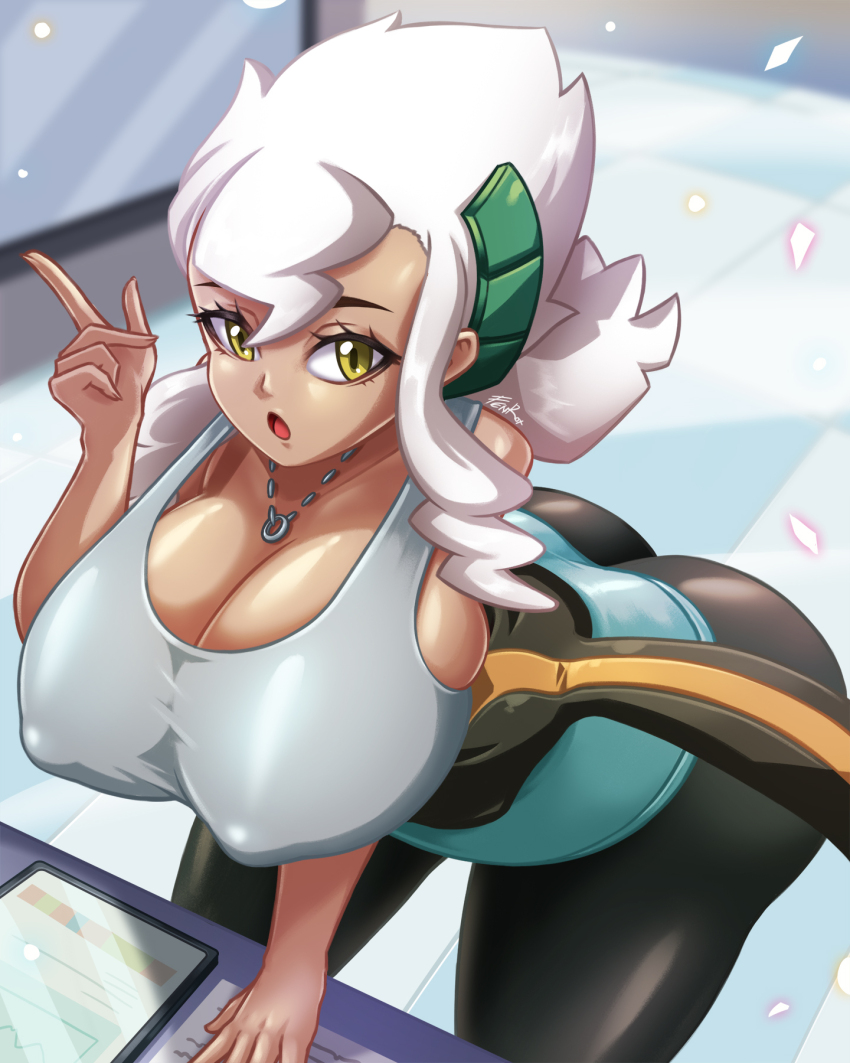 1girl bent_over breasts burnet_(pokemon) cleavage covered_erect_nipples creatures_(company) dark-skinned_female dark_skin fenrox game_freak highres large_breasts leggings looking_at_viewer nintendo pointing pointing_up pokemon pokemon_(creature) pokemon_sm sidelocks solo tank_top thick_thighs thighs tight_clothes white_hair yellow_eyes