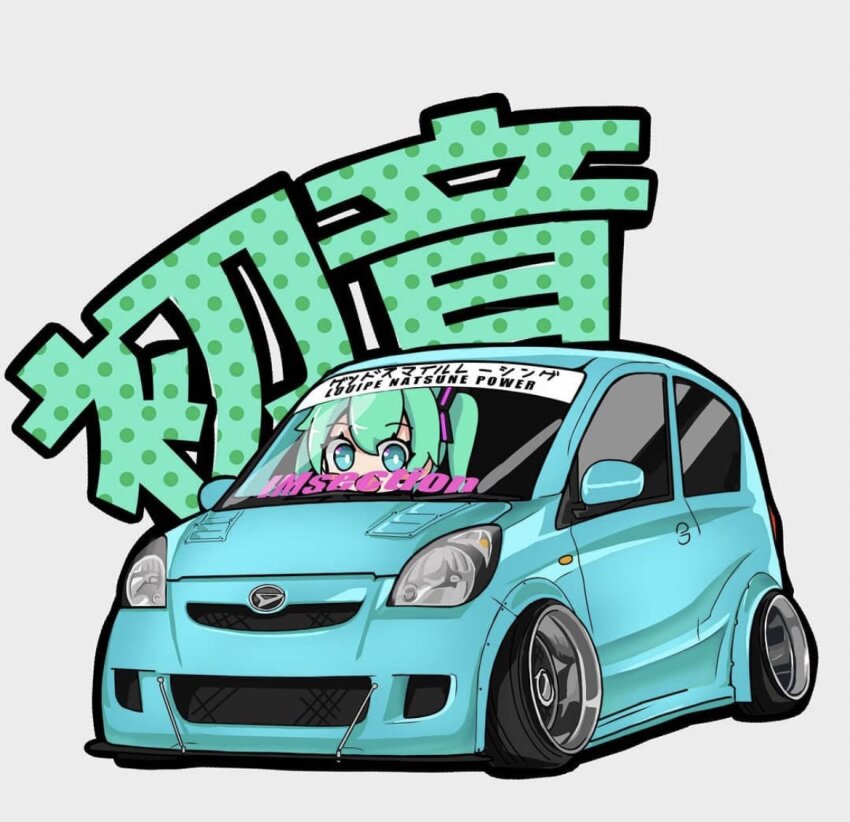 1girl :o aqua_hair blue_car blue_eyes car character_name chibi commission daihatsu daihatsu_mira dora_(dr3032) grey_background hatsune_miku long_hair looking_at_viewer motor_vehicle open_mouth second-party_source shadow solo stance_(vehicle) twintails vehicle_focus vocaloid