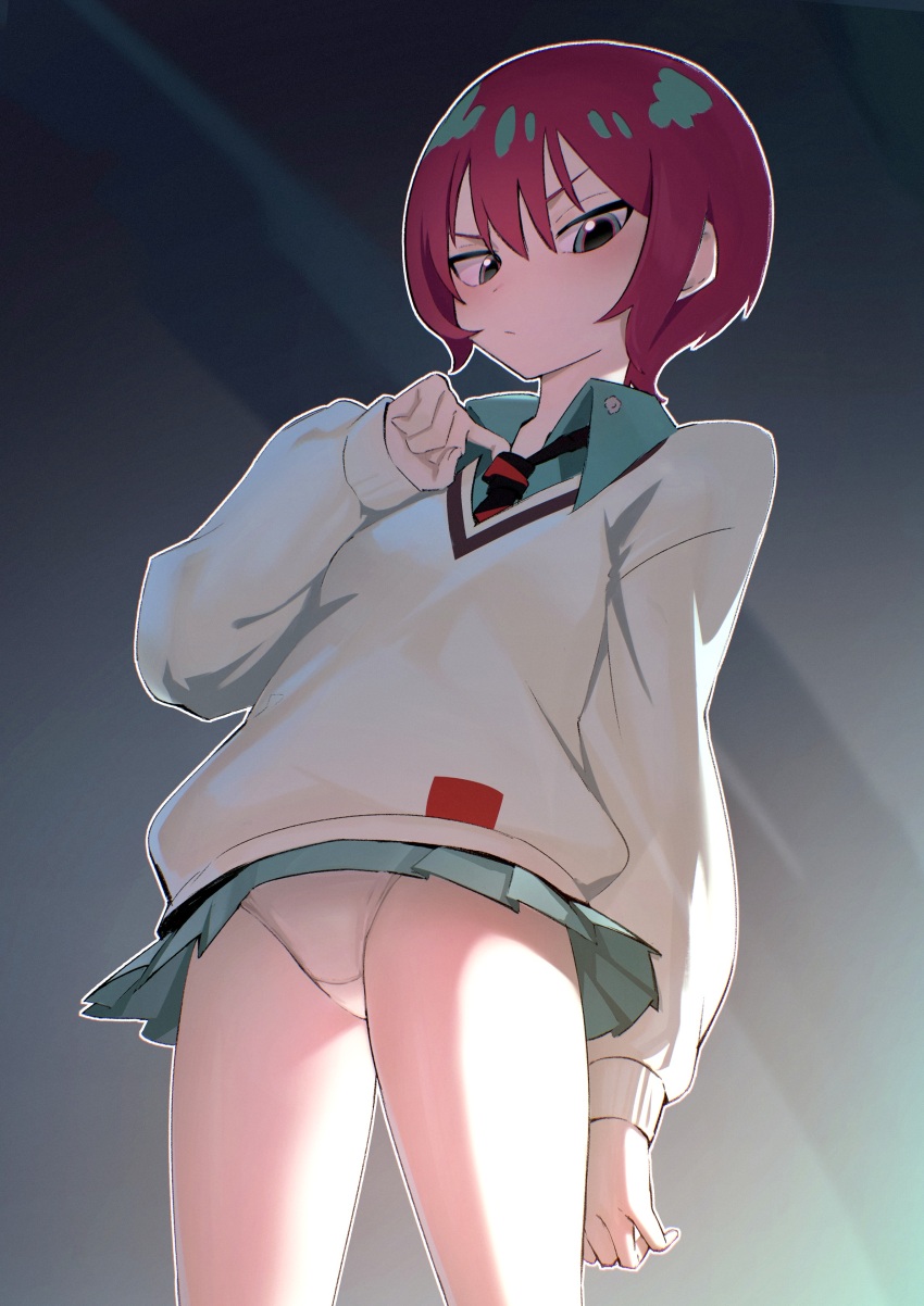 1girl absurdres amate_yuzuriha annoyed aqua_eyes blush collared_shirt from_below gundam gundam_gquuuuuux highres jitome kahnapuf looking_at_viewer miniskirt necktie panties pantyshot red_hair shirt short_hair skirt solo sweater underwear white_panties